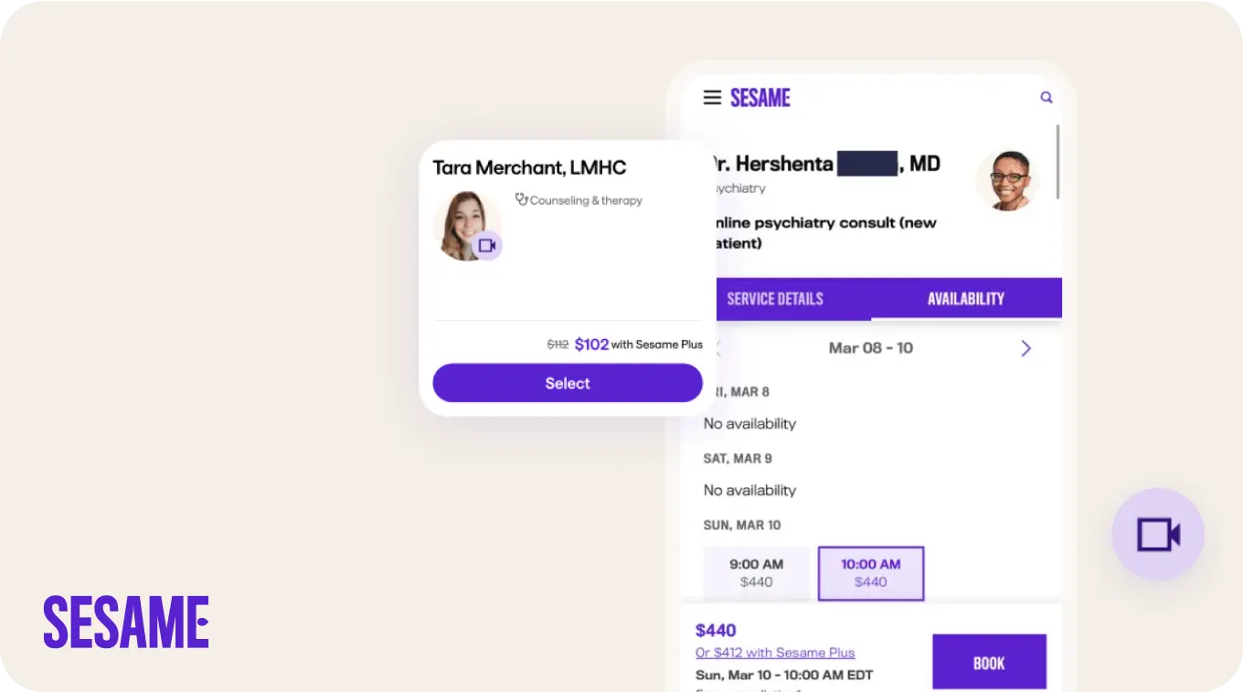 Sesame telehealth marketplace screen showing therapy provider, price, availability, and appointment booking button.