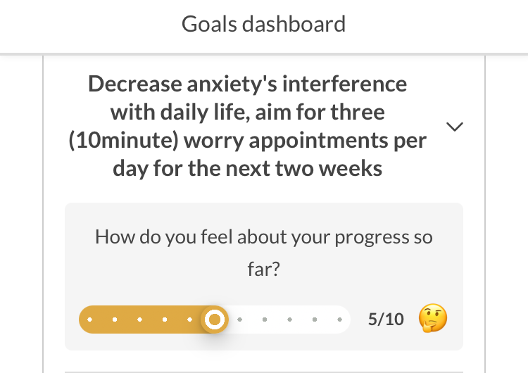 BetterHelp goals dashboard showing anxiety reduction goal with progress slider rated 5 out of 10.