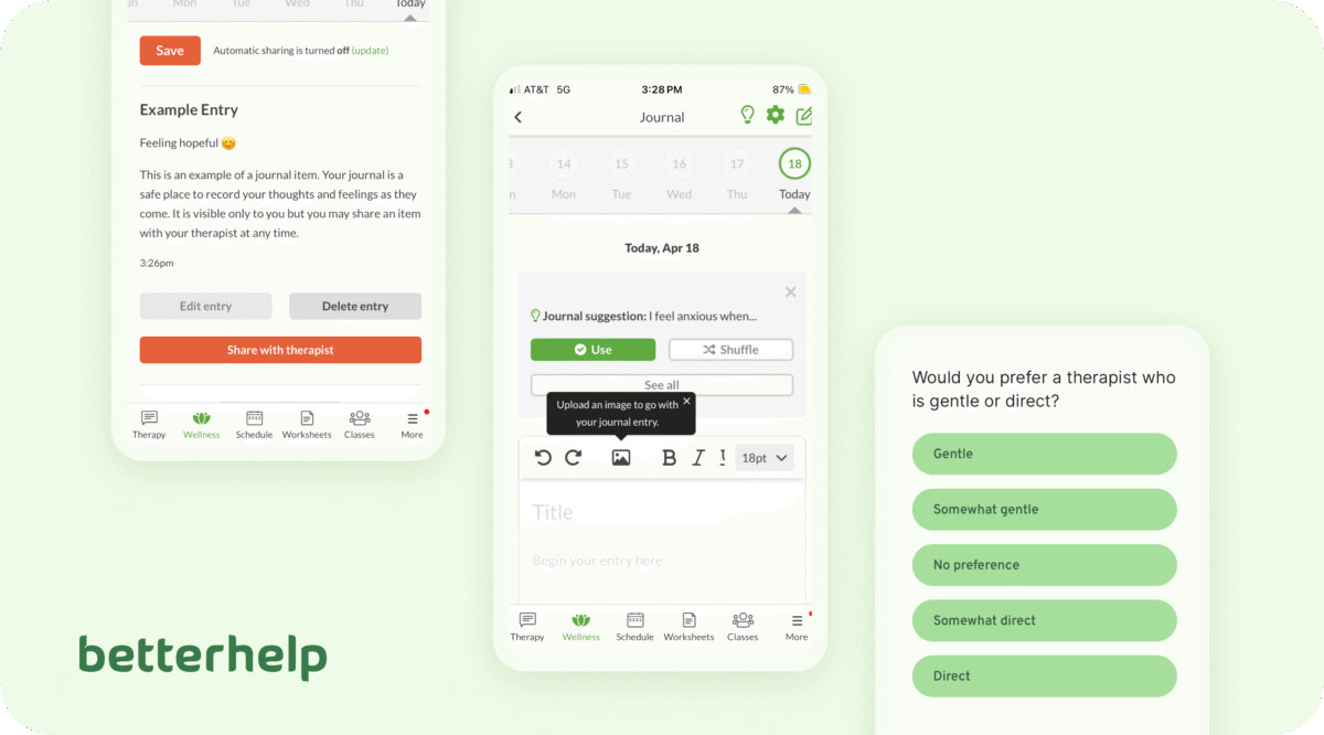 Screenshots and the BetterHelp logo taken during our testing of this online therapy platform