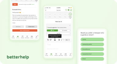 Screenshots and the BetterHelp logo taken during our testing of this online therapy platform