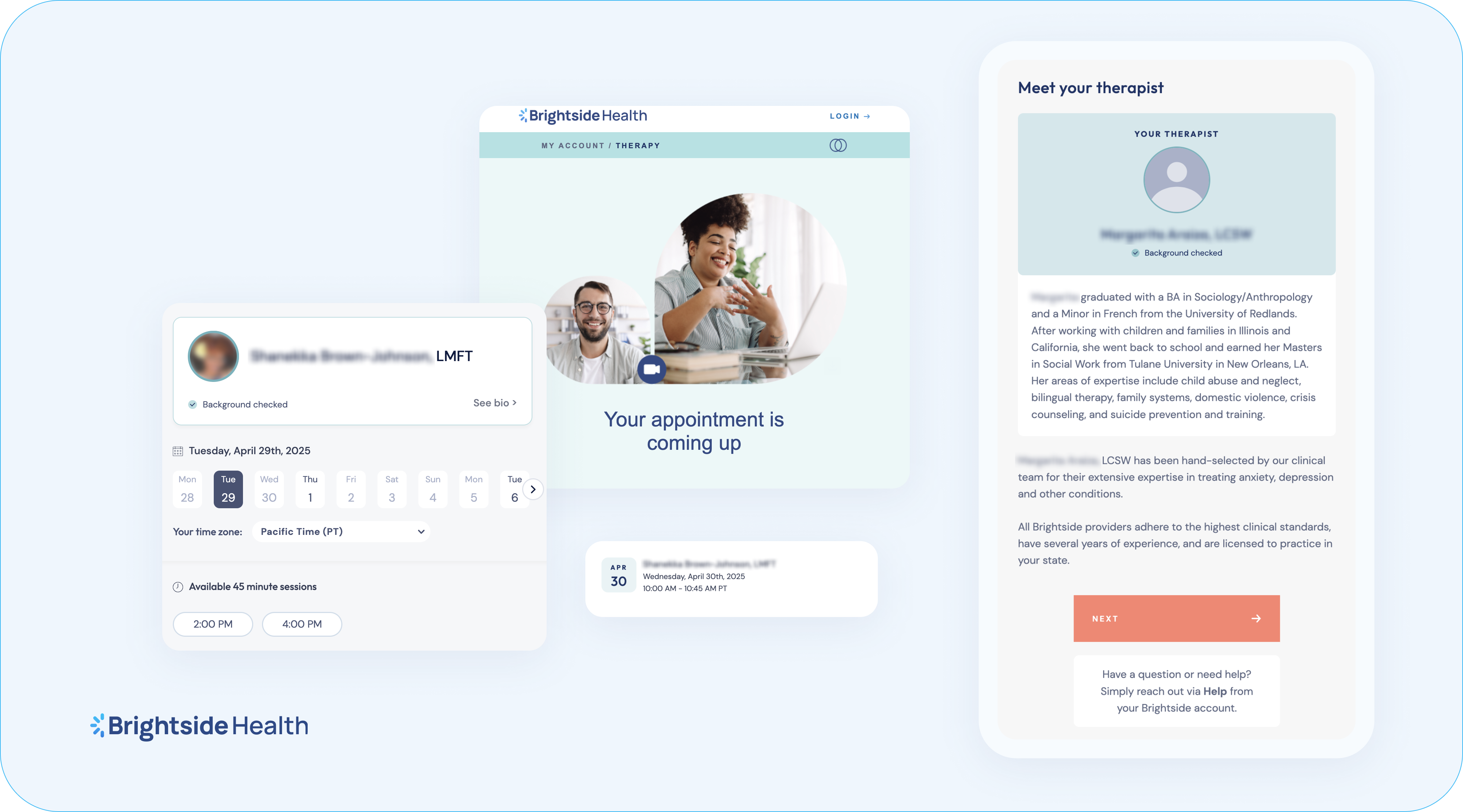 The Brightside Health logo and screenshots taken during our testing of this online therapy platform