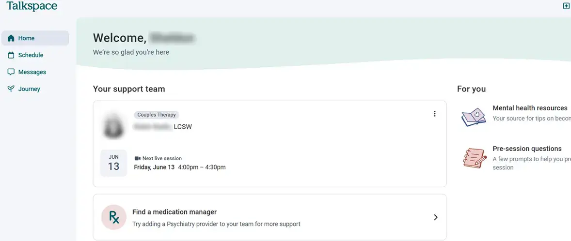 Talkspace dashboard showing support team, next therapy session schedule, mental health resources, and provider options.