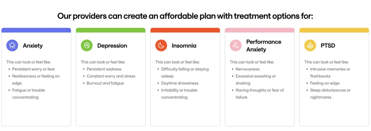 Sesame Care mental health treatment options for anxiety, depression, insomnia, performance anxiety, and PTSD.