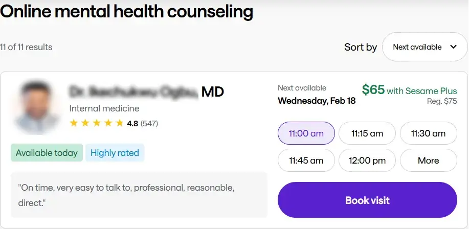 Sesame Care online mental health counseling listing showing a doctor profile, appointment times, pricing, and booking options.