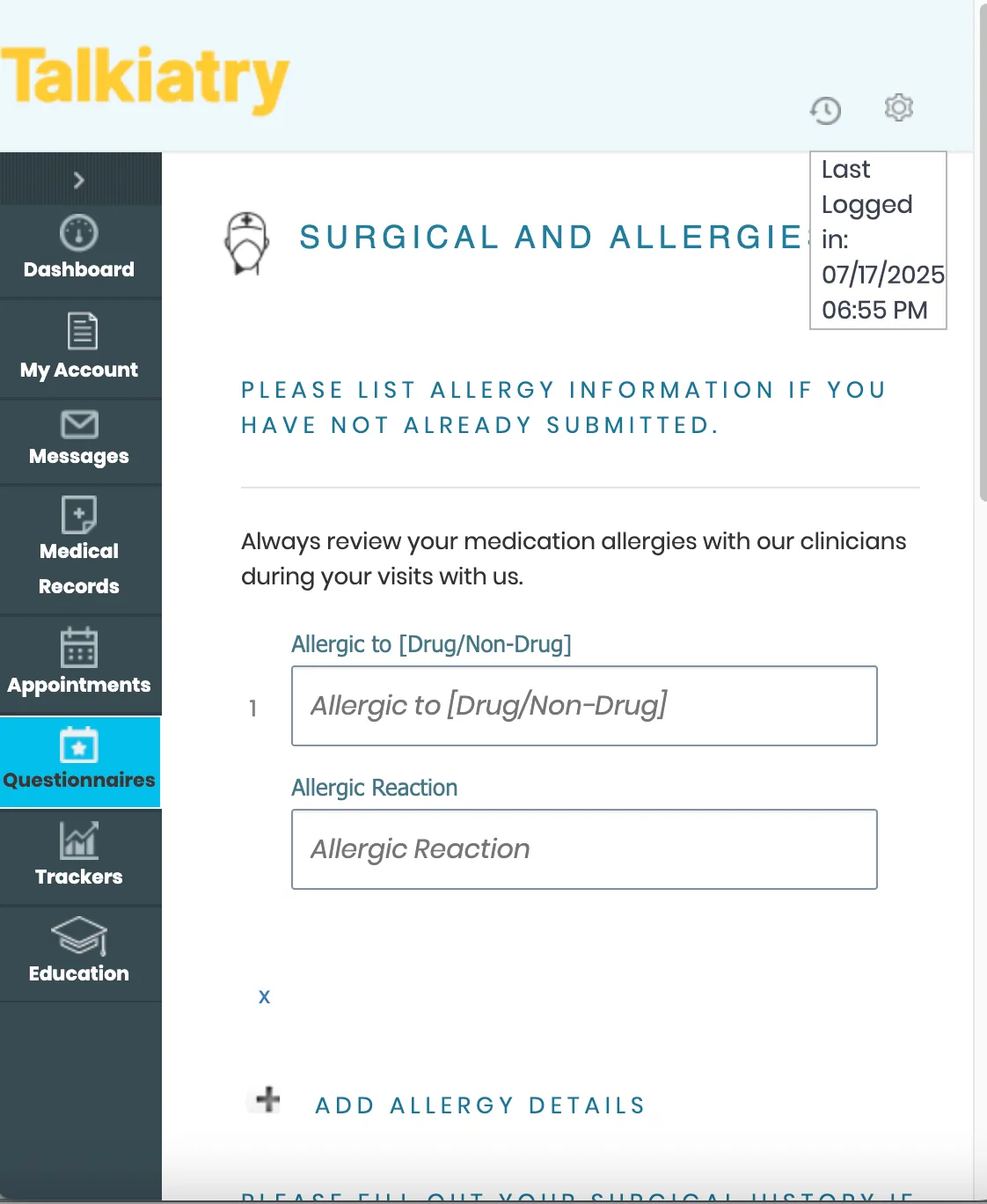 Talkiatry dashboard showing the surgical and allergies questionnaire with fields to enter allergy details.