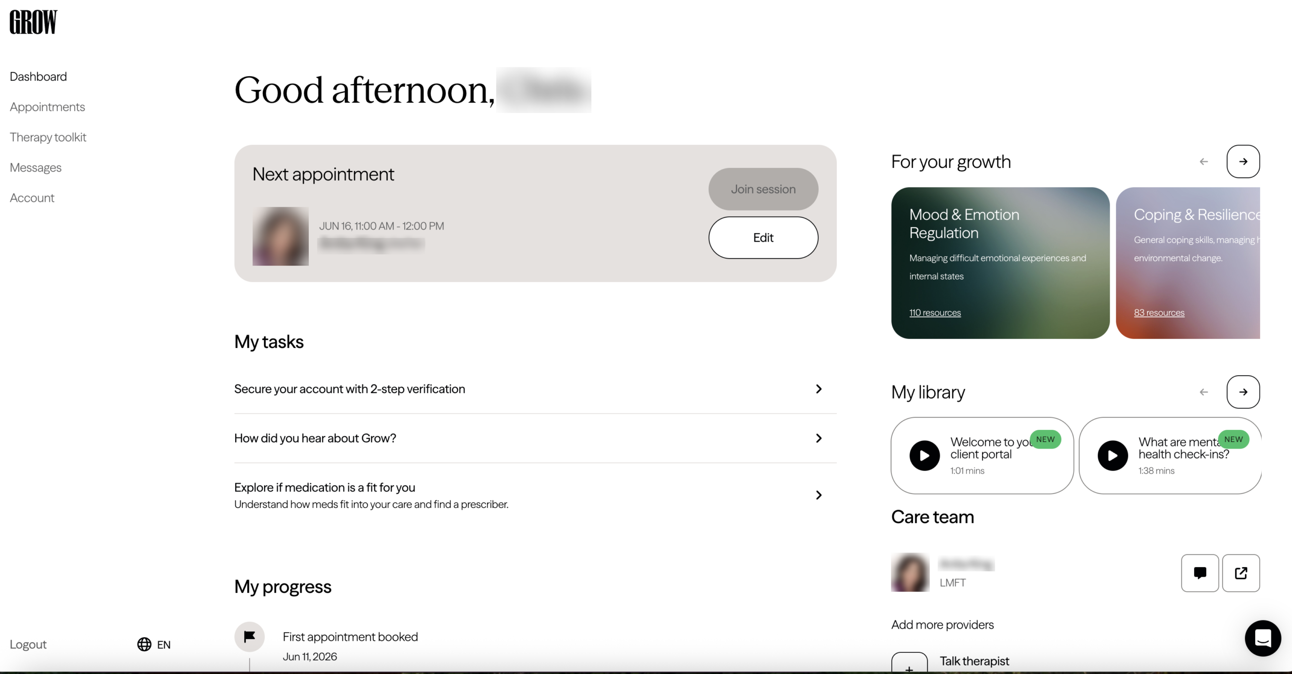 Grow Therapy client dashboard showing next appointment, tasks, resources, library, progress, and care team.
