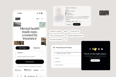 Grow Therapy interface showing provider search, therapist profile, therapy preferences, and virtual session waiting room.