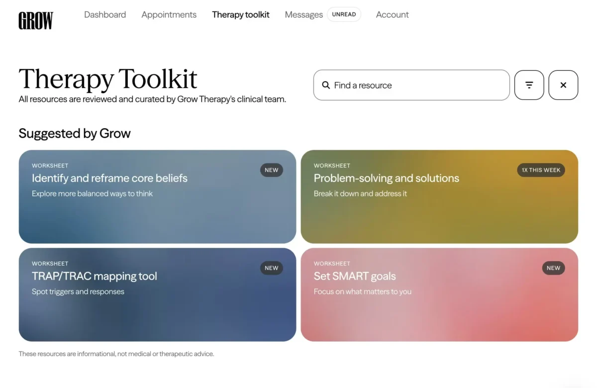 Grow Therapy Therapy Toolkit with worksheets for core beliefs, problem-solving, TRAP/TRAC mapping, and SMART goals.