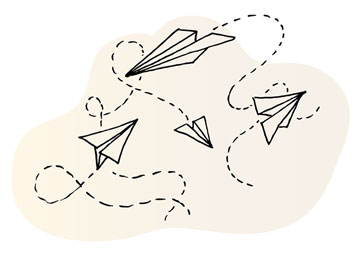 Line illustration of multiple paper airplanes tracing independent, erratic paths