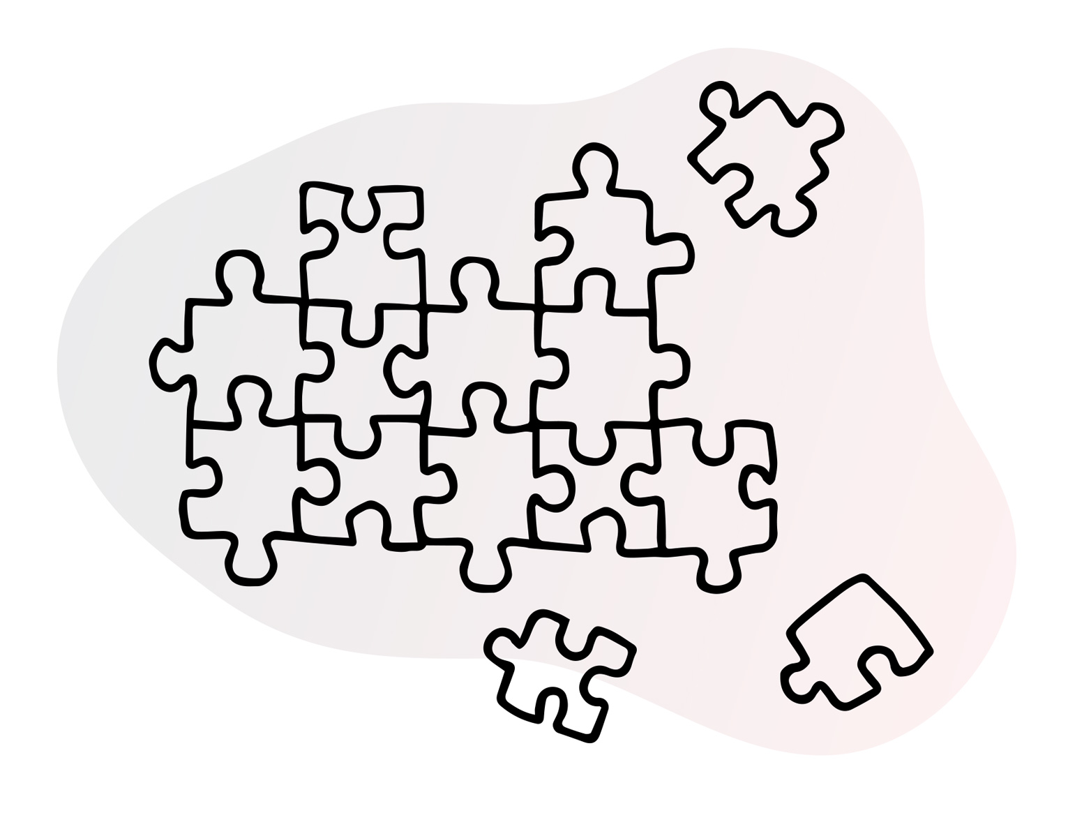 Line illustration of several puzzle pieces, most connected, a few astray