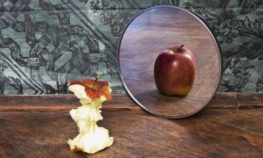 Apple chewed to its core, with small mirror in front showing a full apple as a reflection, evoking a distorted self-image