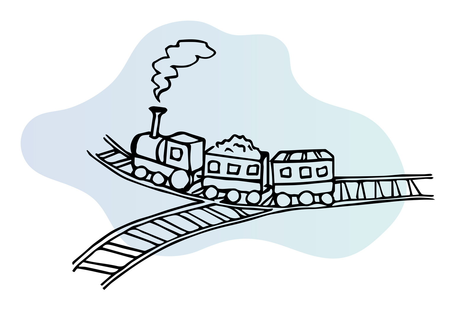 Line illustration of coal-locomotive train at rail junction divergence, continuing on the track that curves away