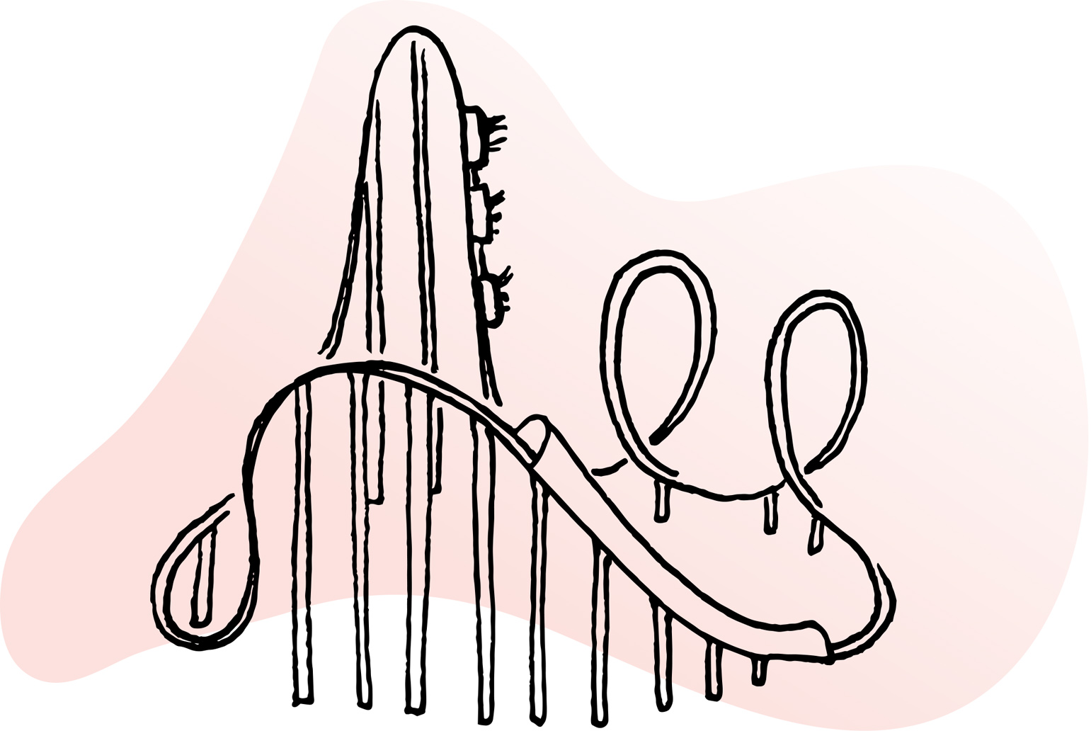 Line illustration of roller coaster, cars plunging down near-vertical track towards loop-de-loops, riders' arms raised high