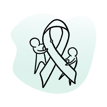 Line illustration of two small human figures holding onto large cancer awareness ribbon