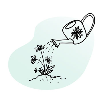 Line illustration of flowers planted in ground, receiving water poured from a watering can embossed with a flower design