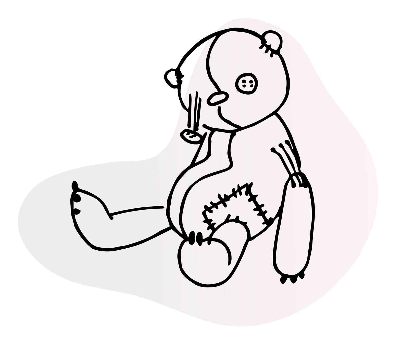 Line illustration of stuffed toy bear slumped against a wall, a stitched eye and arm hanging loose, hip patched, head slumped