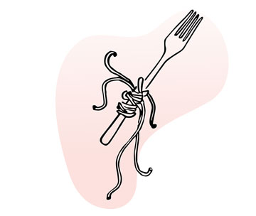 Line illustration of fork, its handle entwined in knotted strands of spaghetti