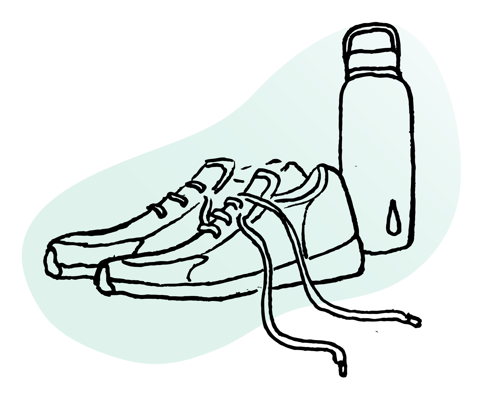 Line illustration of pair of athletic shoes, laces resting to their sides, a steel drinking water bottle behind