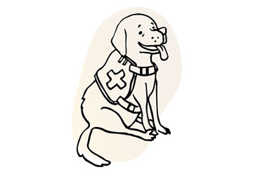 Line illustration of friendly-looking service dog wearing vest