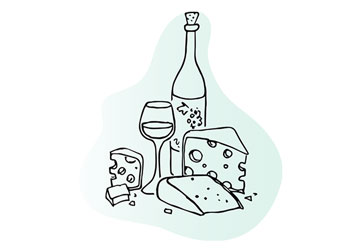 Line illustration of wind bottle with half-filled glass and wedges of cheese beside it