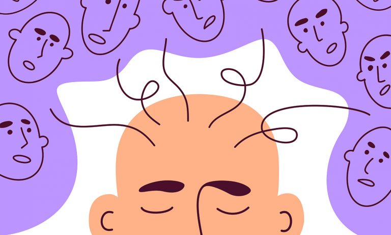 Illustration of upper portion of man's head as he hears many imagined voices