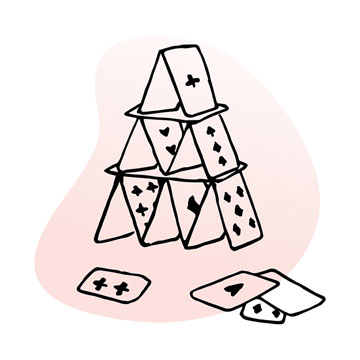 Line illustration of house of cards, with a few stray cards lying beside it