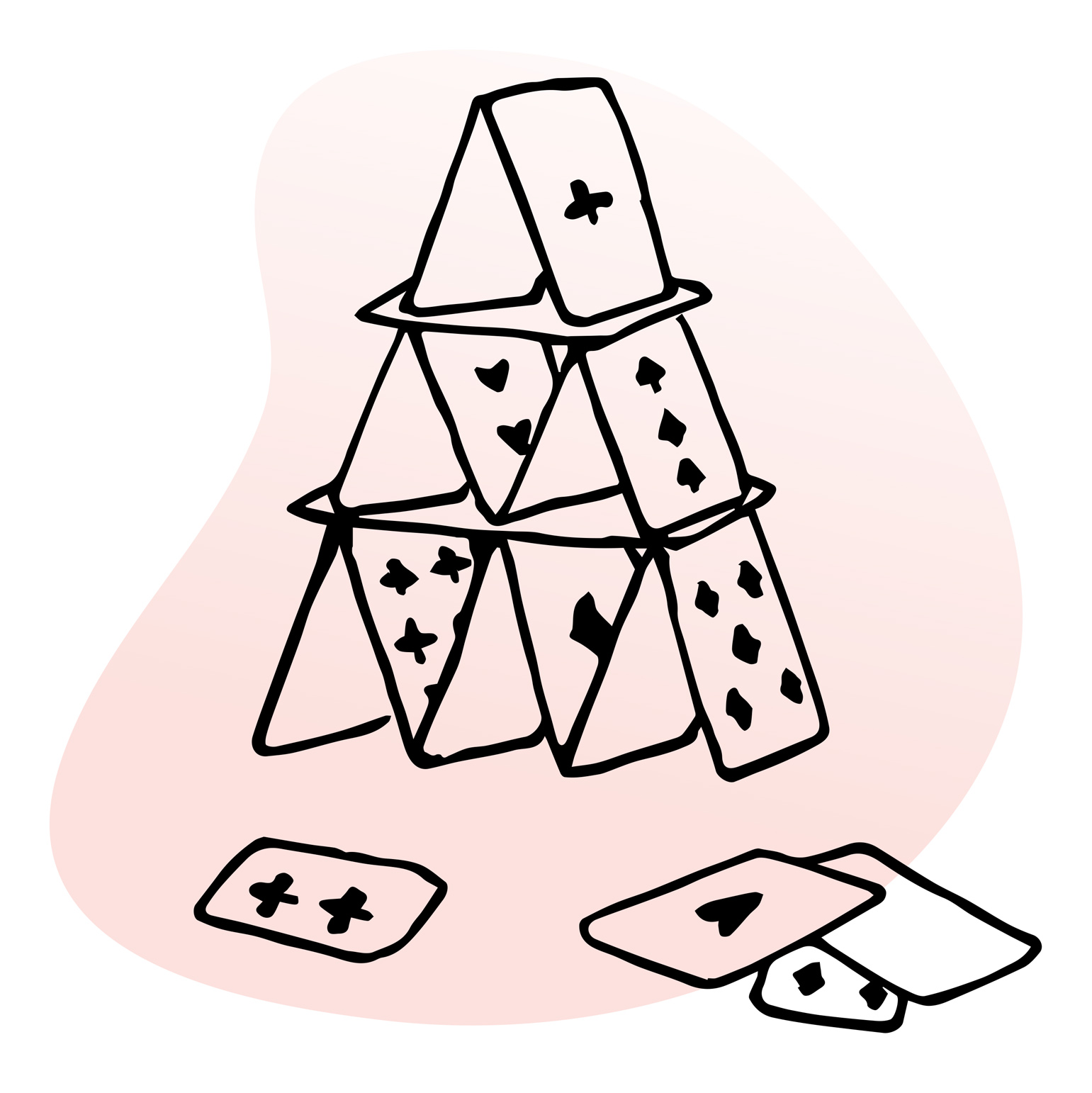 Line illustration of house of cards, with a few stray cards lying beside it