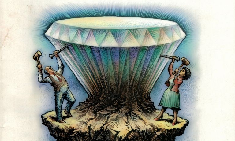 Graphic illustration of man and woman on either side of a huge gem, each chiseling its facets