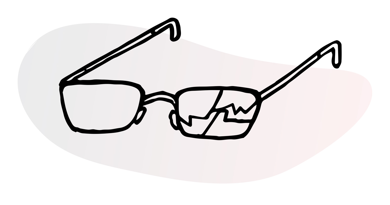 Line illustration of eyeglasses, one of its lenses severely cracked