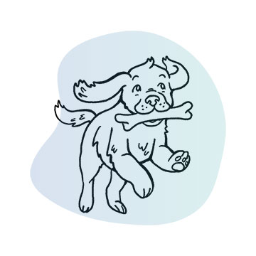 Line illustration of a dog running with a bone in its mouth