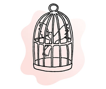 Line illustration of small bird cage, a bird inside strenuously but futilely flapping as it frantically chirps