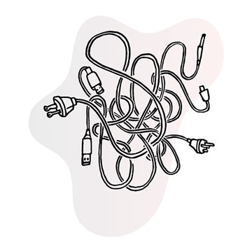 Line illustration of tangled cables and cords, power plugs and data connectors extending from the serpentine mass