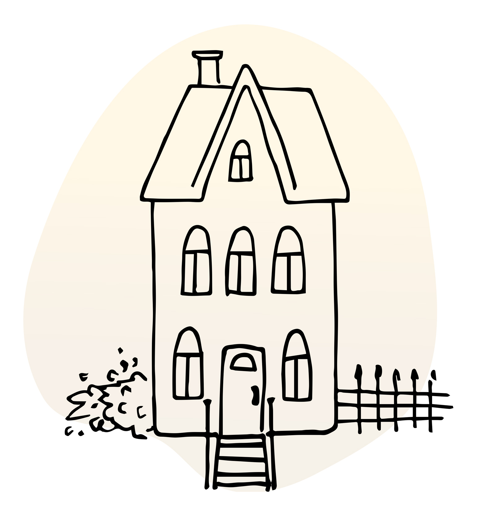 Line illustration of multistory house with cross-gabled roof and chimney, a picket fence on one side, front steps leading to door