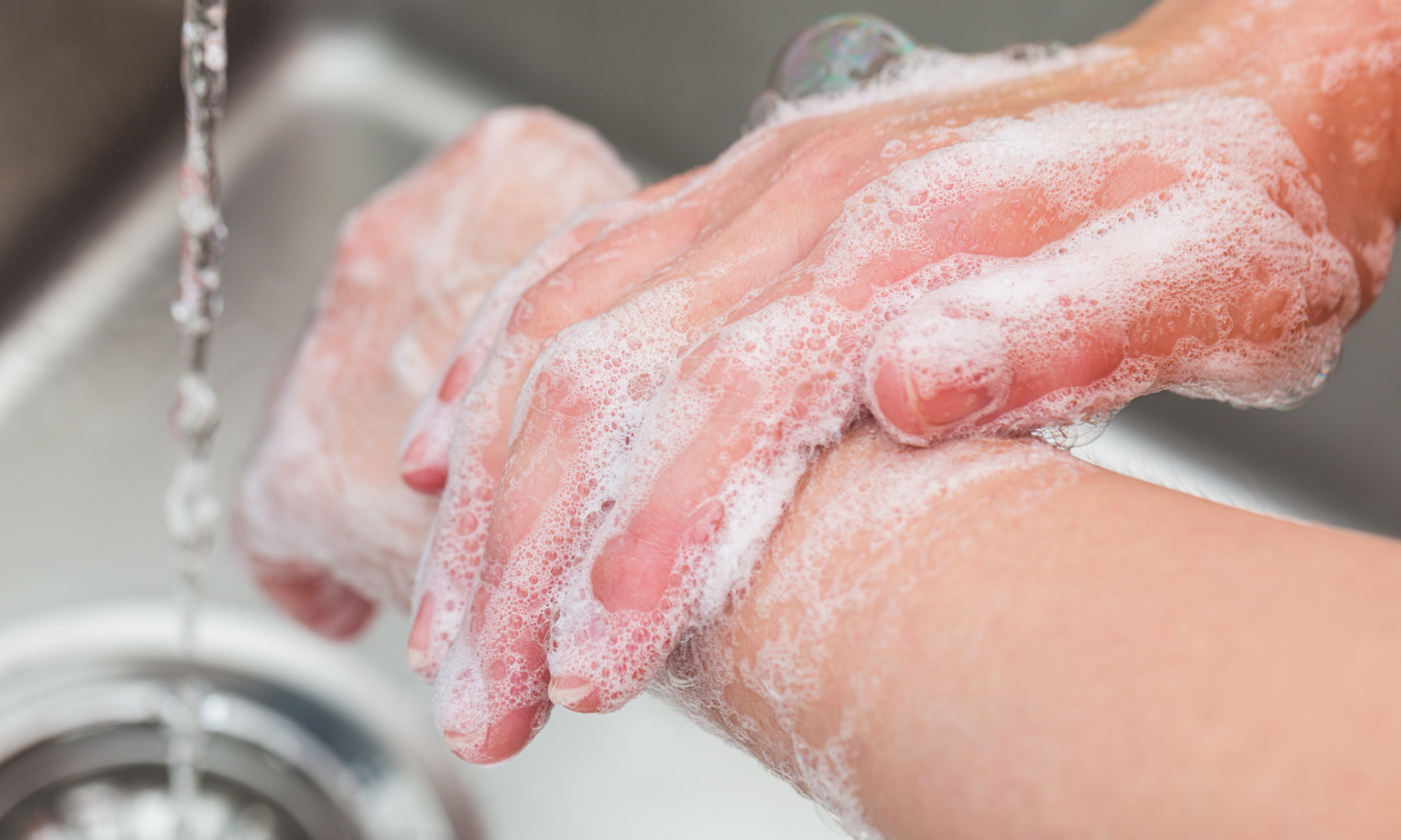 Soapy hands under faucet, scrubbing clean