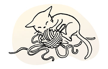 Line illustration of kitten engrossed in play with a partially-unwound ball of yarn