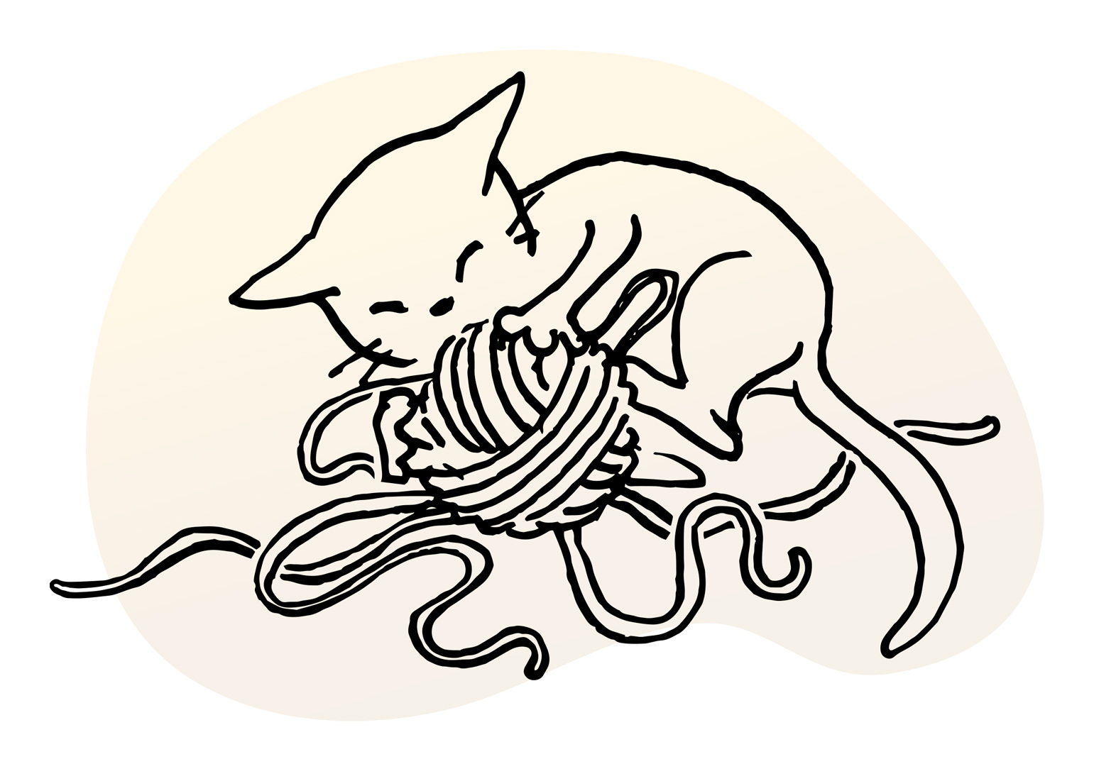 Line illustration of kitten engrossed in play with a partially-unwound ball of yarn