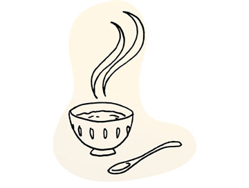 Line illustration of a cup of hot tea, steam rising above it, spoon beside it