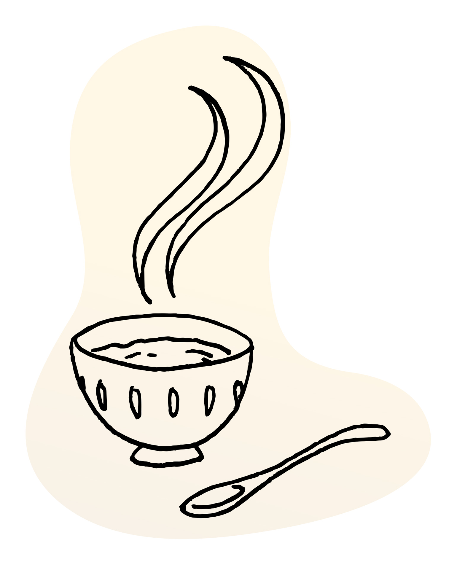 Line illustration of a cup of hot tea, steam rising above it, spoon beside it