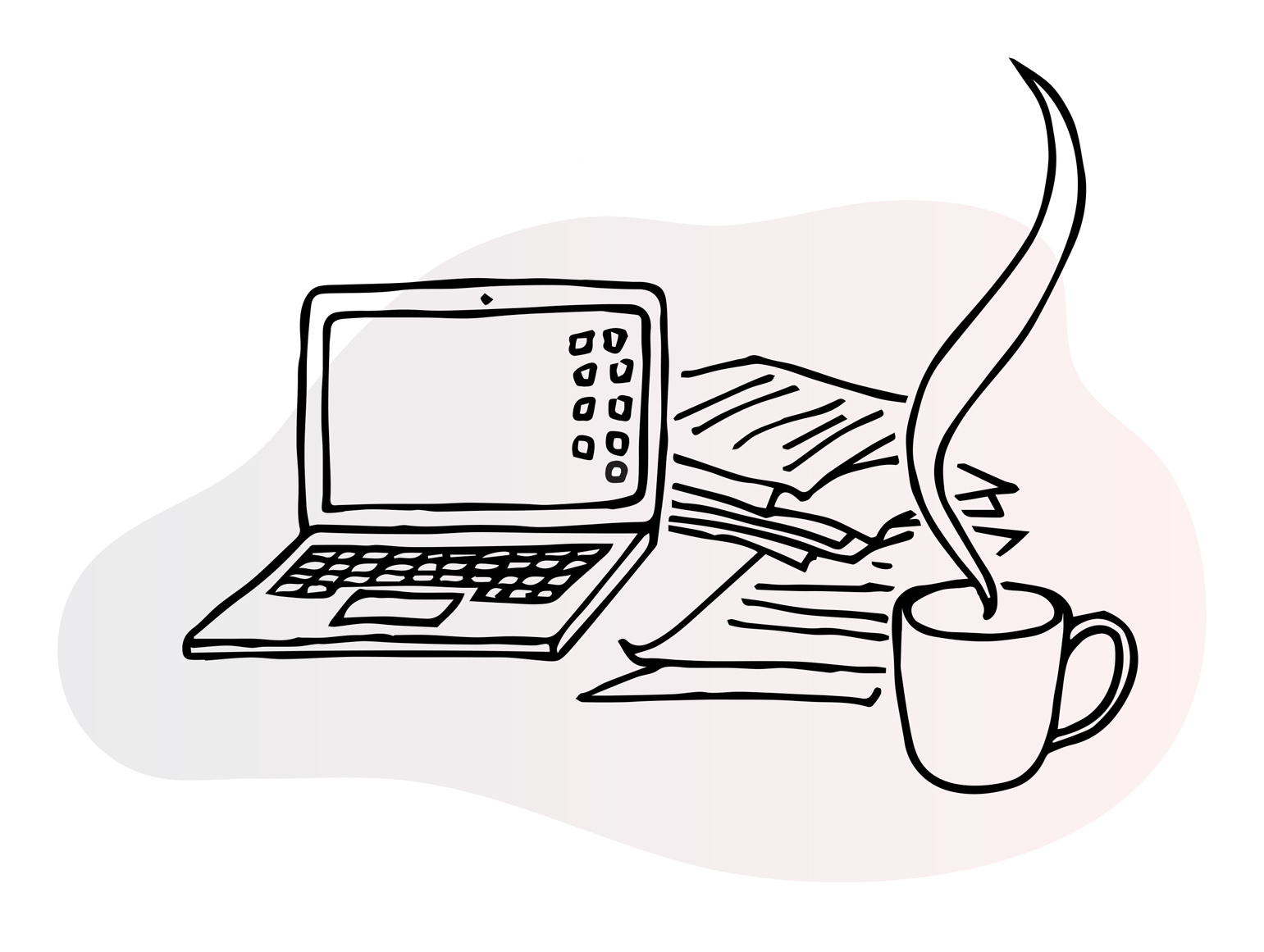 Line illustration of open laptop with icons visible in the desktop view, papers and a steaming cup of coffee beside it